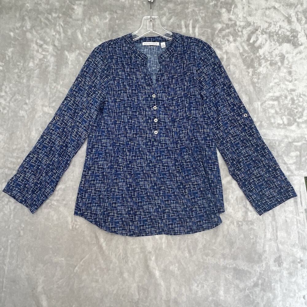 Notations Top Womens Small VNeck Blue Black Geometric Roll Tab Long Sleeve Shirt